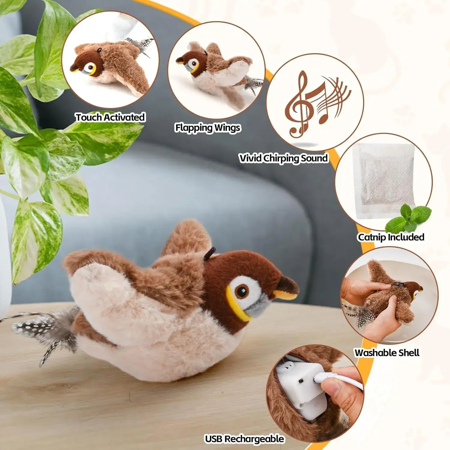 Interactive Cat Toys, Rechargeable Chirping Flapping Bird(no Flying) with Catnip for Indoor Cats, Touch Activated  Plush Toys